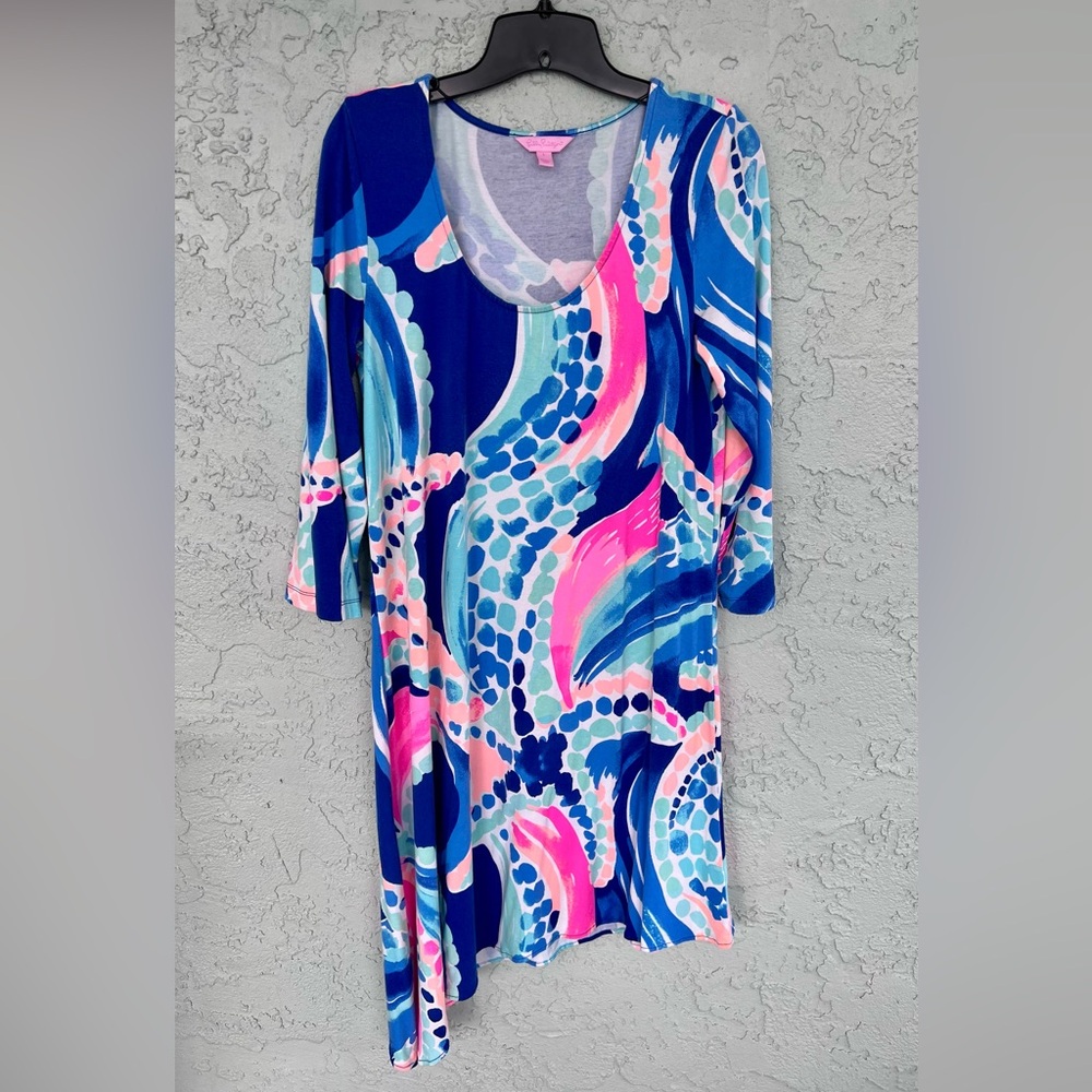 Lily Pulitzer Blue and Pink Sheath Starfish asymmetrical Dress with 3/4 Sleeves